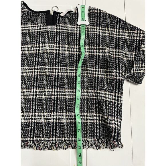 ZARA Trafaluc Crop Top Frayed Tweed Plaid Short Sleeve Boxy Size Large L - Picture 5 of 5